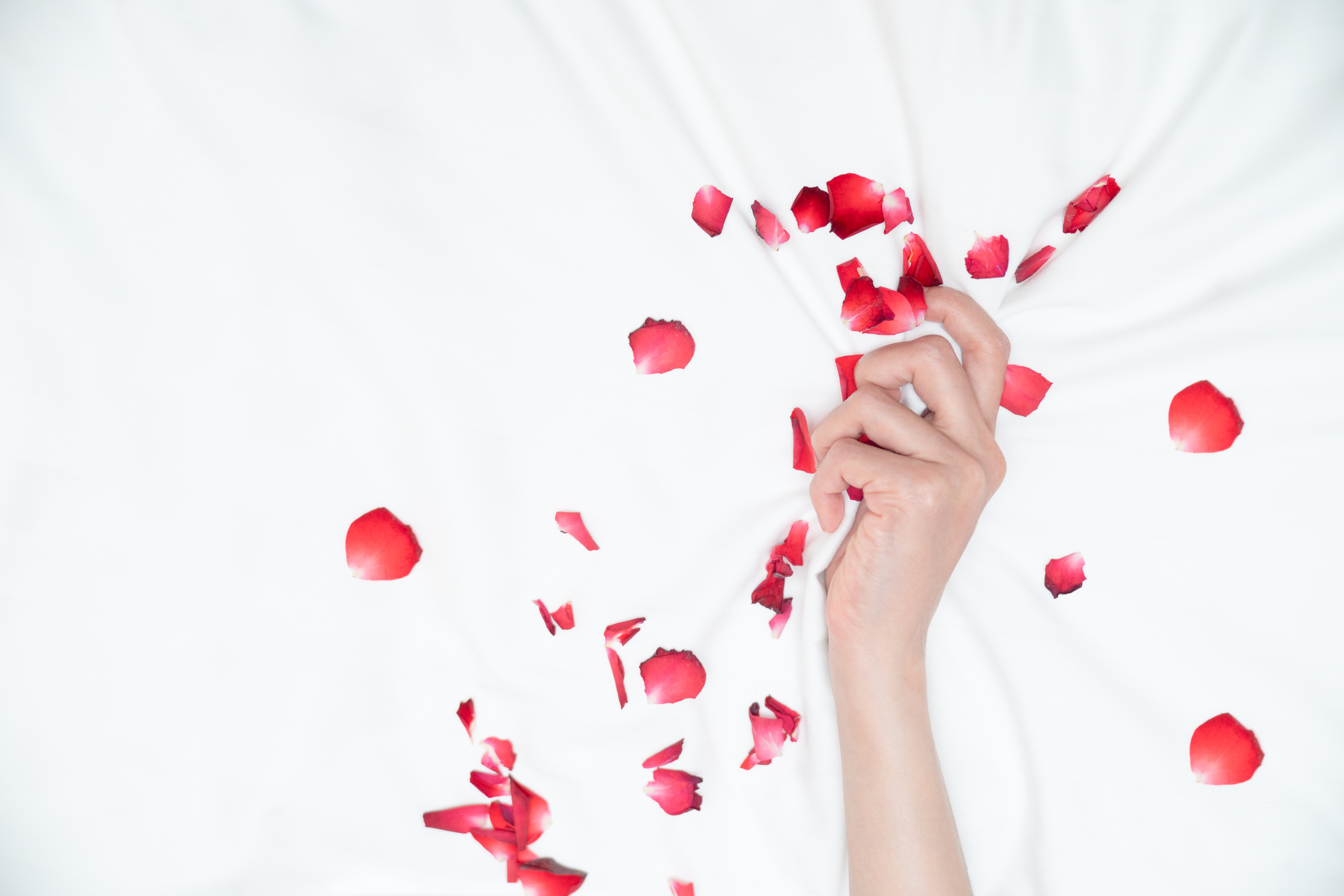 Hand Grasping the Bedsheet with Rose Petals